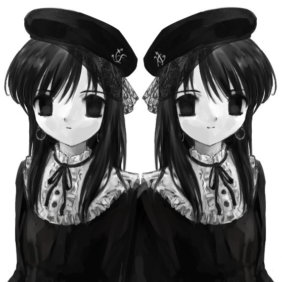 2fulun, 2girls, beret, black_eyes, black_hair, black_hat, collar, commentary