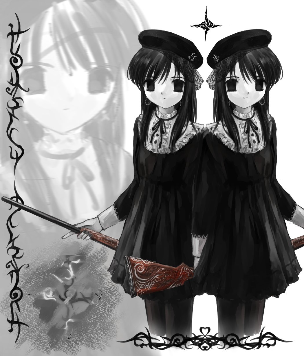 2fulun, 2girls, beret, black_dress, black_eyes, black_hair, black_ribbon, collar