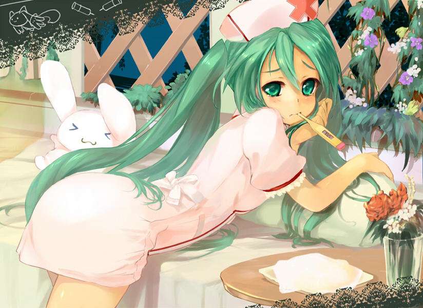 >_<, aqua_eyes, aqua_hair, bunny, hat, hatsune_miku, koiiro_byoutou_(vocaloid), long_hair, nurse, nurse_cap, rabbit, solo, stuffed_animal, stuffed_toy, thermometer, trap_pot, twintails, very_long_hair, vocaloid