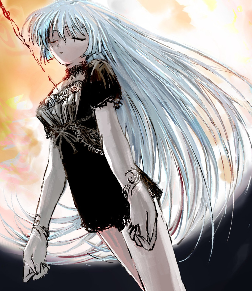 1girl, 2fulun, arrow_through_heart, black_choker, black_dress, blunt_sidelocks, choker, closed_eyes