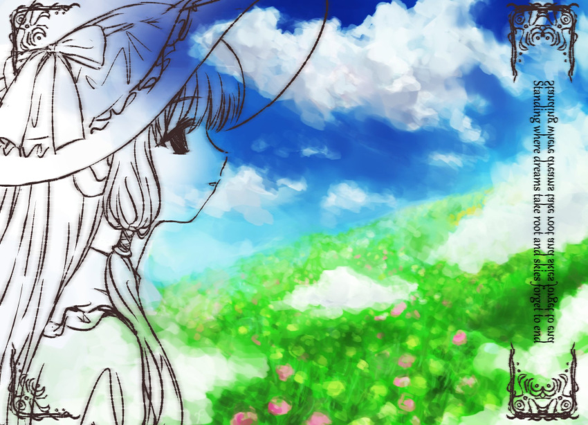 1girl, 2fulun, blue_sky, bow, chii, chobits, clouds, day