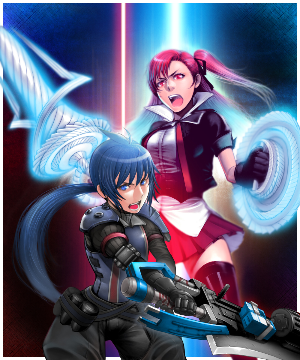 antenna_hair, black_legwear, blade, blue_eyes, blue_hair, gunblade, highres, huge_weapon