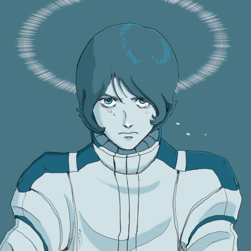 1boy, aeug, bad_end, blue_eyes, crazy_eyes, energy, expressionless, gundam