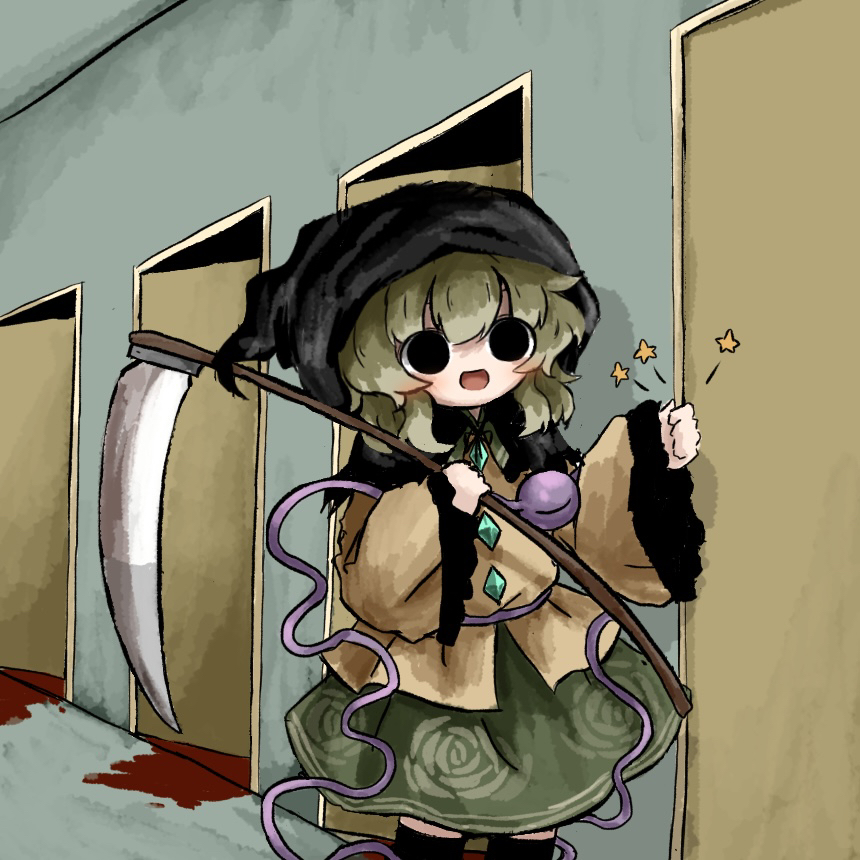 1girl, :d, black_eyes, black_hood, black_socks, blood, blood_on_ground, blush