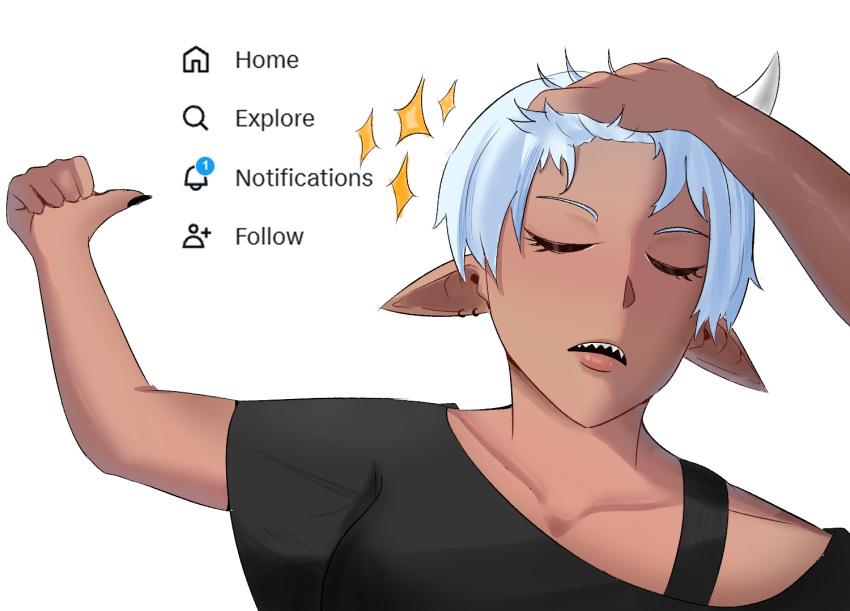 1girl, black_nails, closed_eyes, commentary, earrings, english_commentary, eyelashes, fingernails, horns, jewelry, lilith(sadxkingart), meme, original, parted_lips, pointy_ears, sadxkingart, sharp_fingernails, sharp_teeth, short_hair, solo, tan, teeth, white_hair