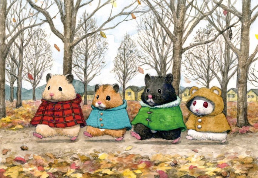 animal, animal_focus, autumn, autumn_leaves, blue_capelet, brown_capelet, building, capelet