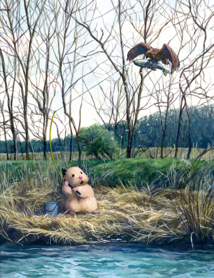 animal, animal_focus, bird, bucket, bush, day, fishing, fishing_line