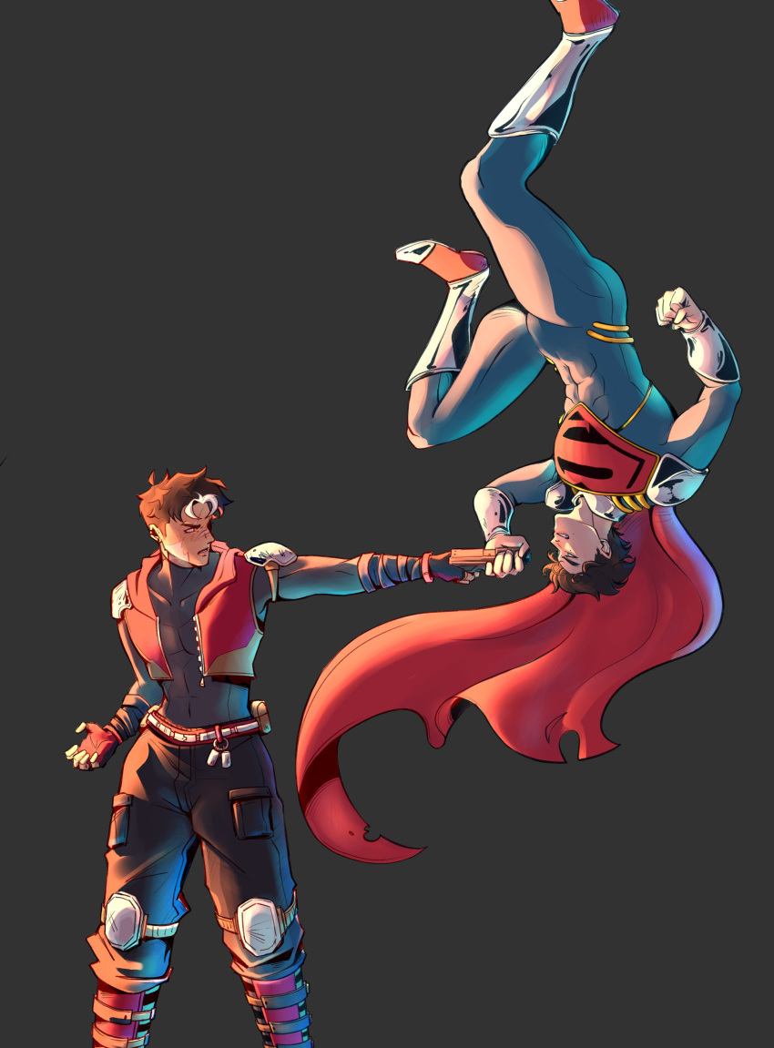 abs, absurdres, bat_signal, batman_(series), batman_symbol, belt, black_hair, blue_eyes, bodysuit, cape, commentary, dc_comics, english_commentary, gloves, grey_bodysuit, highres, hood, hoodie, internett, jason_todd, male_focus, multicolored_bodysuit, multicolored_hair, multiple_boys, muscular, muscular_male, open_clothes, open_vest, pants, pectorals, red_cape, red_hood_(dc), short_hair, sleeveless, sleeveless_hoodie, superboy-prime, superhero_costume, superman_(series), superman_logo, taut_bodysuit, two-tone_bodysuit, utility_belt, vest, western_comics_(style)