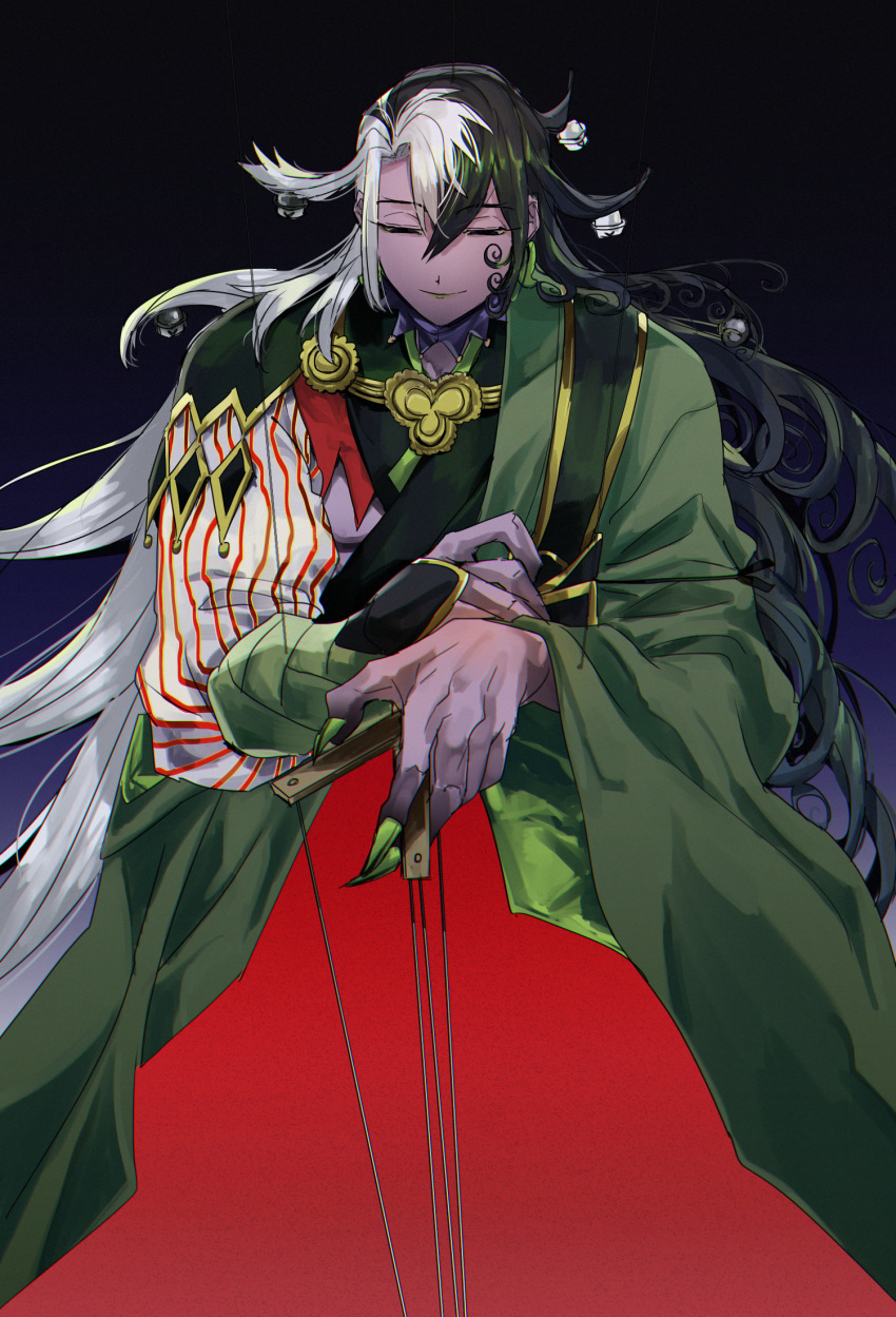 1boy, ashiya_douman_(fate), bell, black_hair, commentary_request, earrings, fate/grand_order, fate_(series)