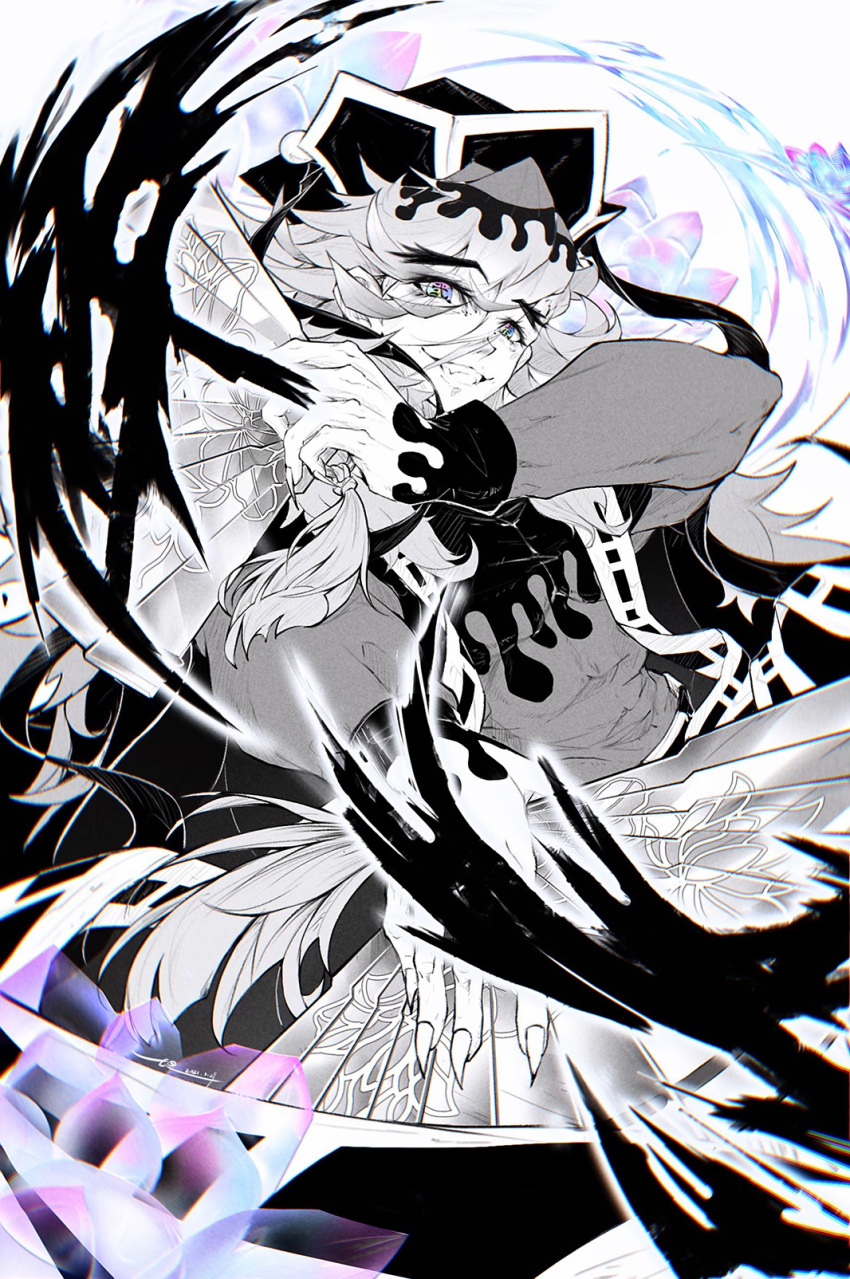 1boy, 5tanfusiji, blonde_hair, commentary_request, douma_(kimetsu_no_yaiba), hair_between_eyes, highres, kimetsu_no_yaiba, long_hair, looking_at_viewer, male_focus, patterned_hair, red_shirt, shirt, smile, solo, tight_clothes, tight_shirt
