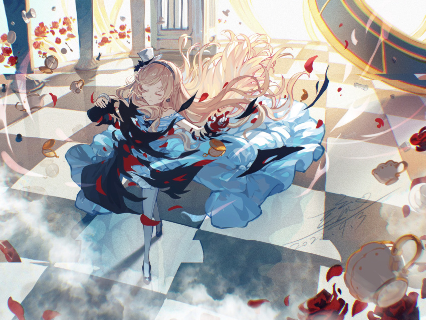 1girl, alice_(arcaea), alice_(minuet)_(arcaea), arcaea, ballroom_dancing, black_hairband, black_shoes, blue_dress