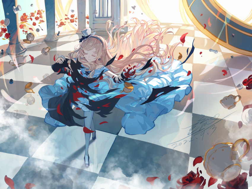 1girl, alice_(arcaea), alice_(minuet)_(arcaea), arcaea, ballroom_dancing, black_hairband, black_shoes, blue_dress