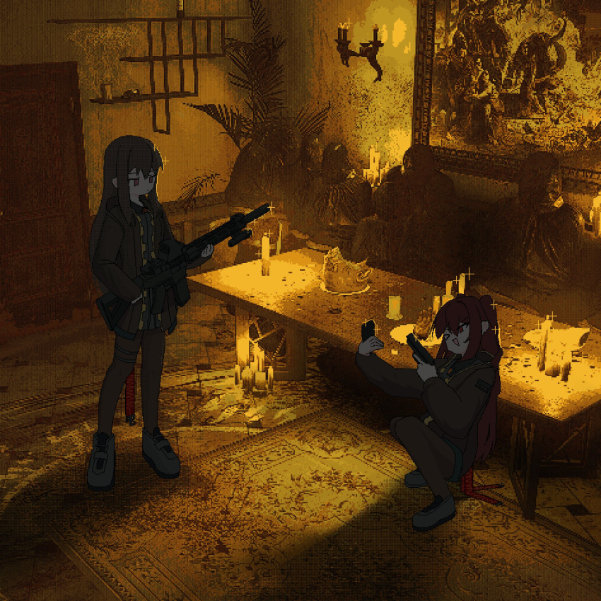 >_o, 2girls, alibina_(sentinel_girls), ar-15, black_hair, black_jacket, candle, commentary, corpse, english_commentary, escape_from_tarkov, gun, handgun, hayasabro, highres, holding, holding_gun, holding_phone, holding_weapon, indoors, jacket, jitome, long_sleeves, looking_at_another, magic_circle, marfusha_(sentinel_girls), multiple_girls, one_eye_closed, open_mouth, painting_(object), pants, phone, ponytail, red_hair, rifle, rug, selfie, sentinel_girls, shoes, smile, sneakers, squatting, standing, table, taking_picture, weapon, wide_shot