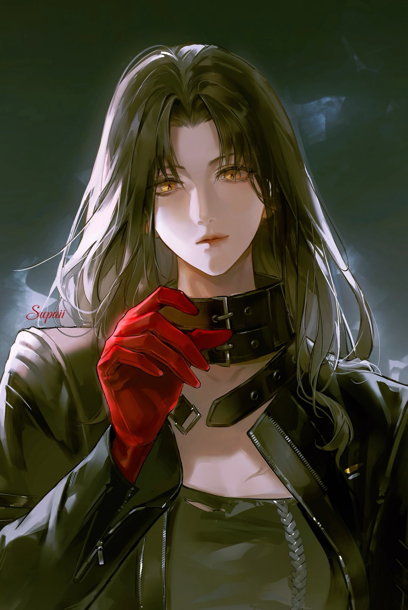 1girl, angell_(path_to_nowhere), belt, black_hair, black_jacket, commentary_request, expressionless, gloves