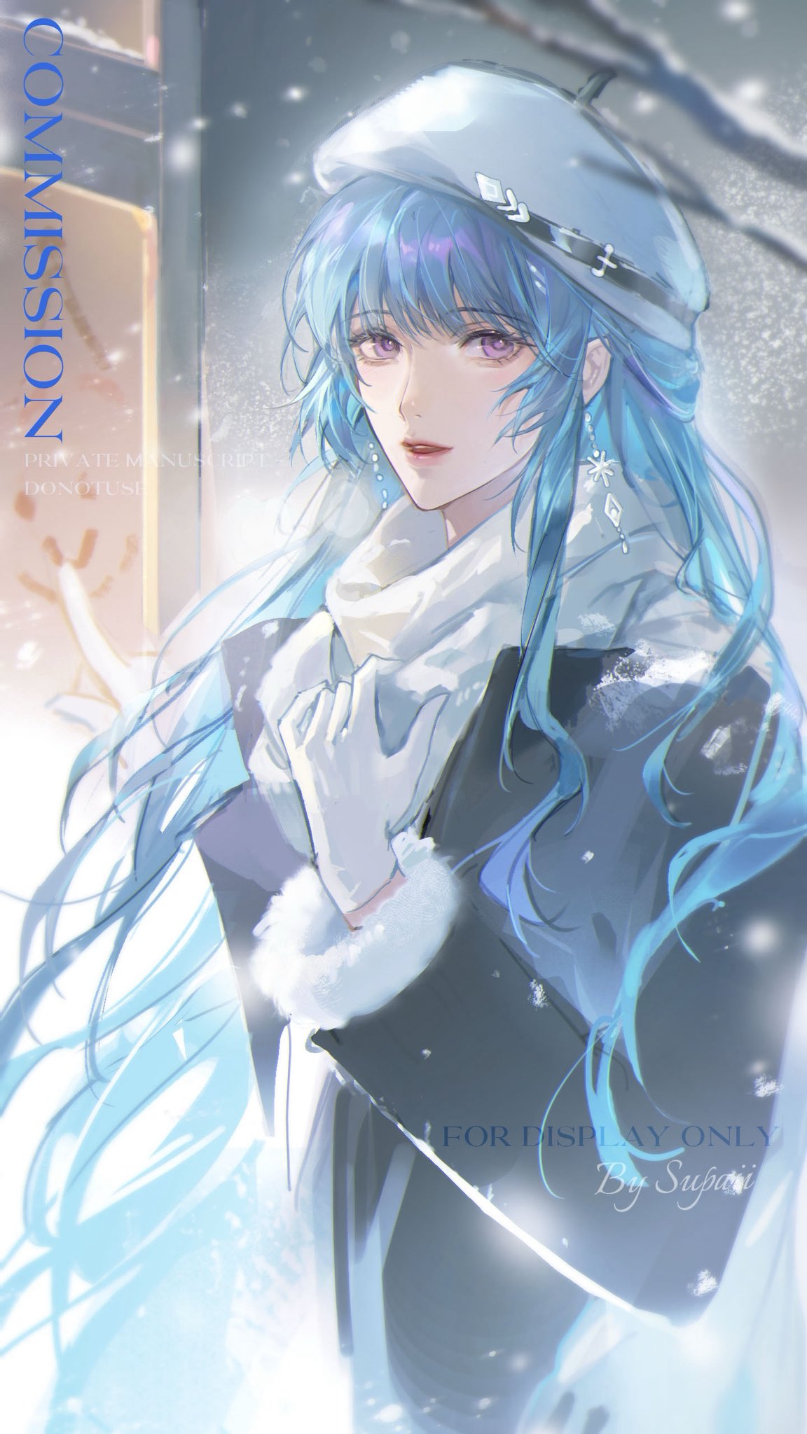 1girl, adjusting_scarf, blue_hair, condensation, cowboy_shot, finger_writing, glass_writing, gloves