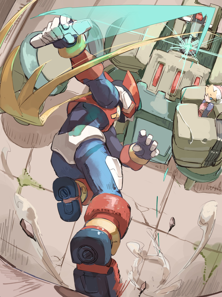 absurdres, armor, battle, blonde_hair, ciel_(mega_man), energy_sword, golem_(mega_man), helmet