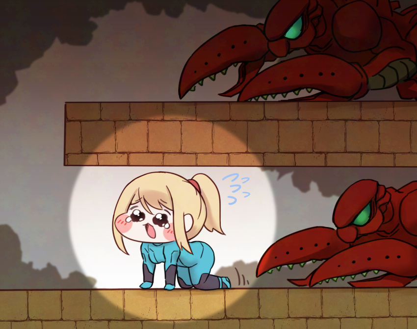 1girl, 2others, all_fours, blonde_hair, blue_bodysuit, blush, bodysuit, chibi