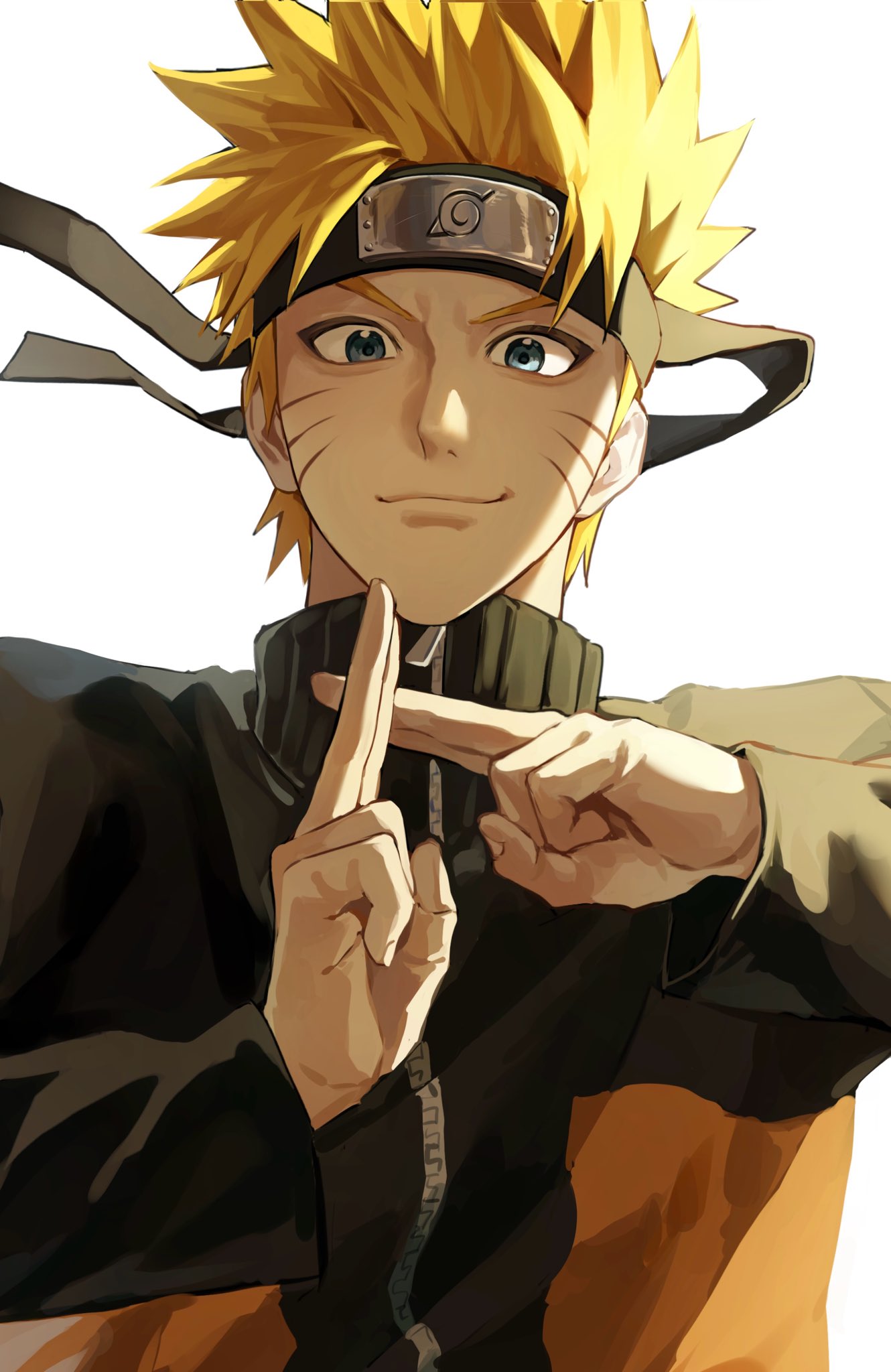 1boy, bbangnya, blonde_hair, blue_eyes, closed_mouth, commentary_request, facial_mark, forehead_protector, highres, jacket, konohagakure_symbol, korean_commentary, looking_at_viewer, male_focus, naruto_(classic), naruto_(series), orange_jacket, short_hair, simple_background, smile, solo, spiky_hair, uzumaki_naruto, whisker_markings, white_background, zipper, zipper_pull_tab