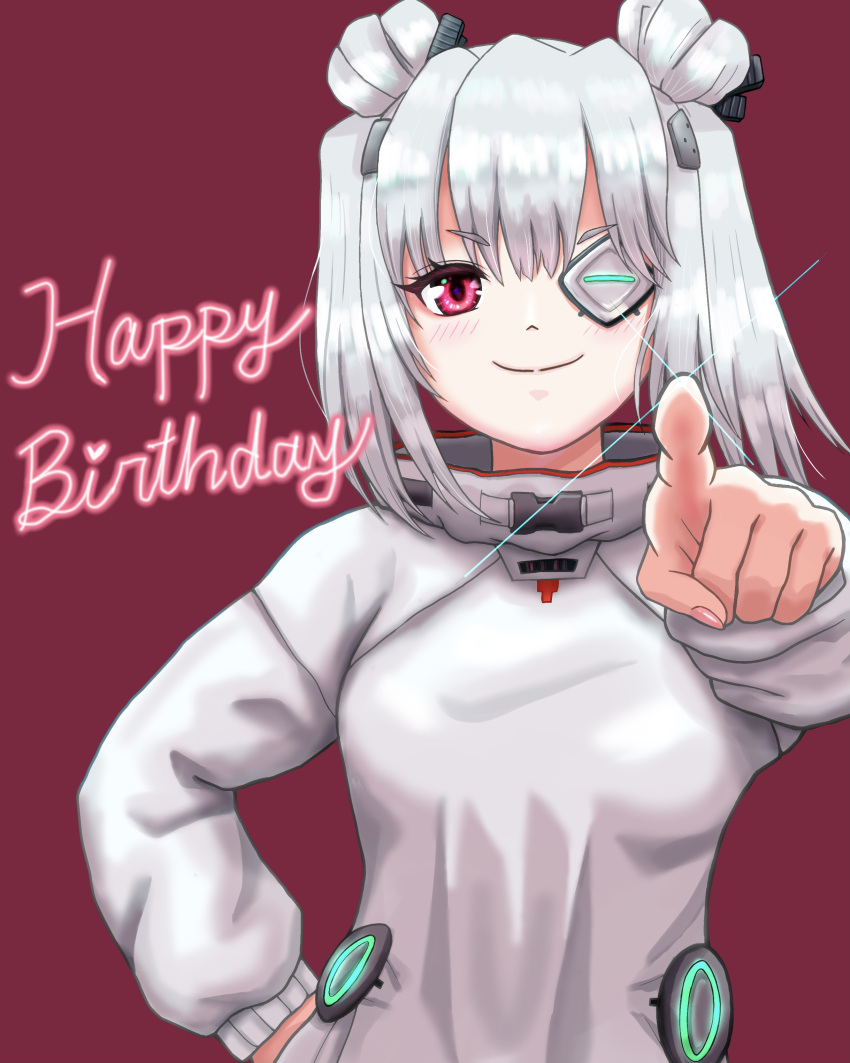 1girl, absurdres, commentary, double_bun, eyepatch, grey_hair, hair_bun, heaven_burns_red