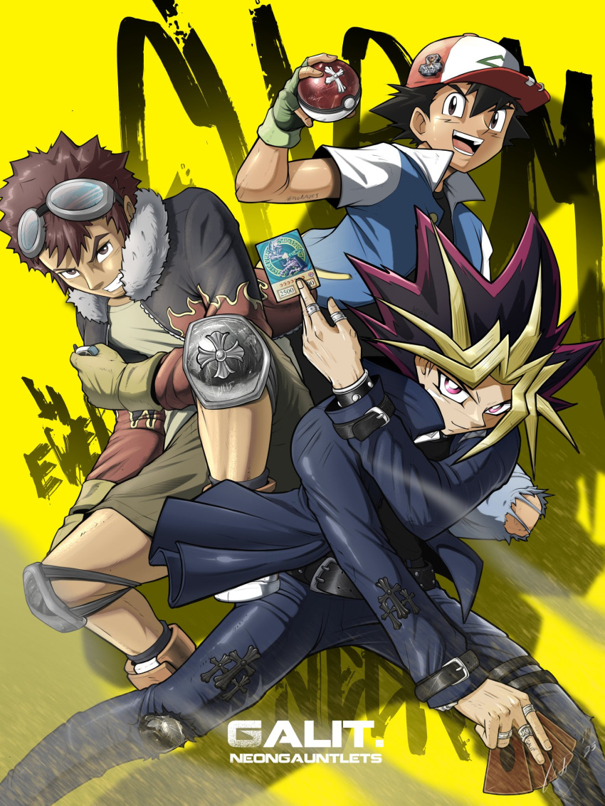 3boys, ash_ketchum, black_hair, black_shirt, blonde_hair, blue_jacket, blue_pants, brown_eyes