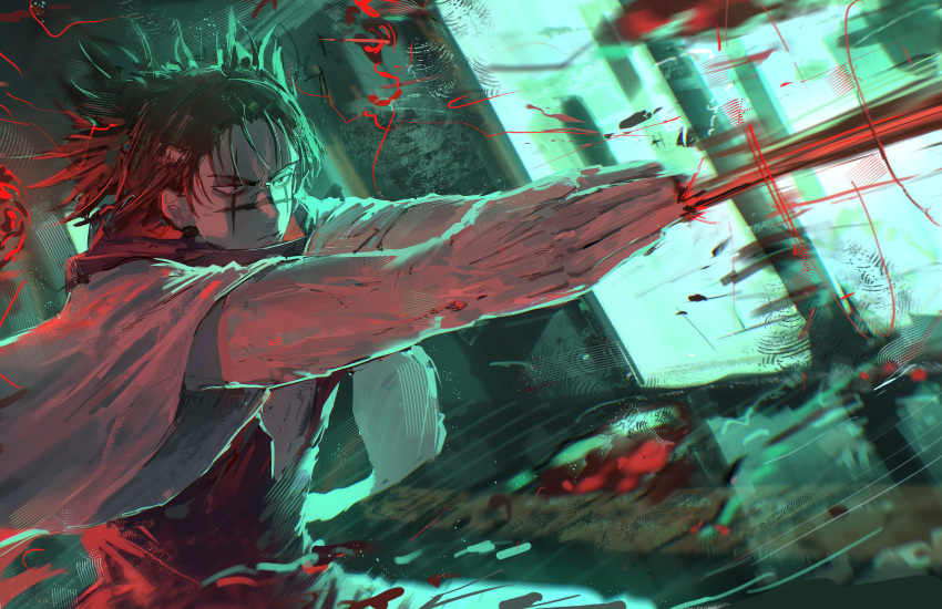 1boy, absurdres, blood, blood_spray, choso_(jujutsu_kaisen), closed_mouth, commentary_request, facial_mark
