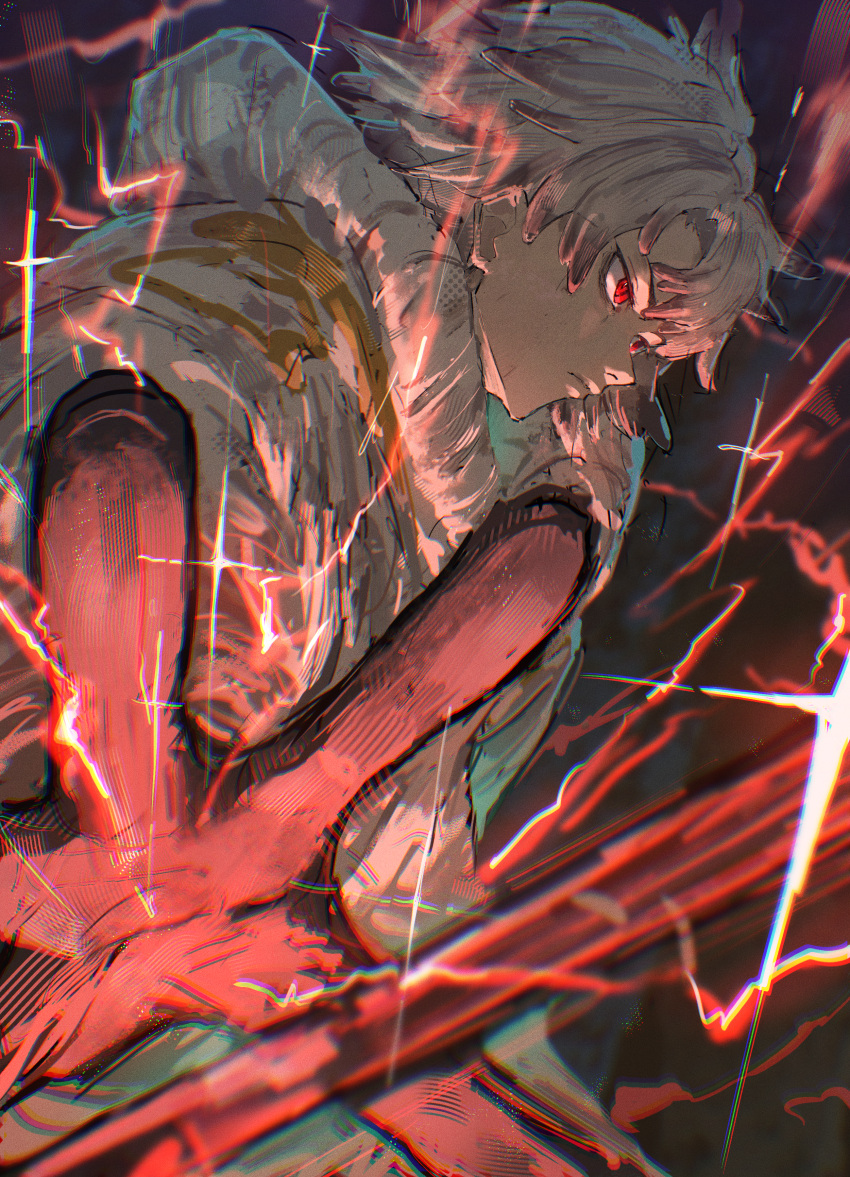 1boy, absurdres, closed_mouth, commentary_request, from_side, gachiakuta, grey_hair, highres