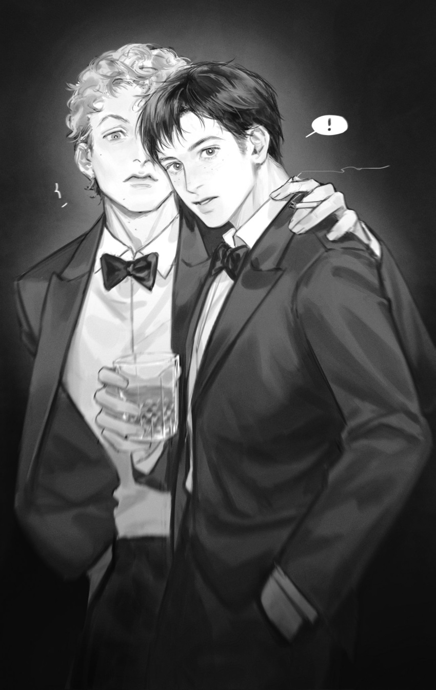 !, 2boys, bow, bowtie, closed_mouth, collared_shirt, commentary, cowboy_shot