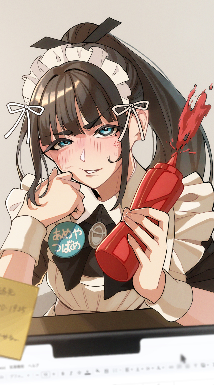 1girl, absurdres, amaya_tsubame, anger_vein, angry, apron, badge, black_bow