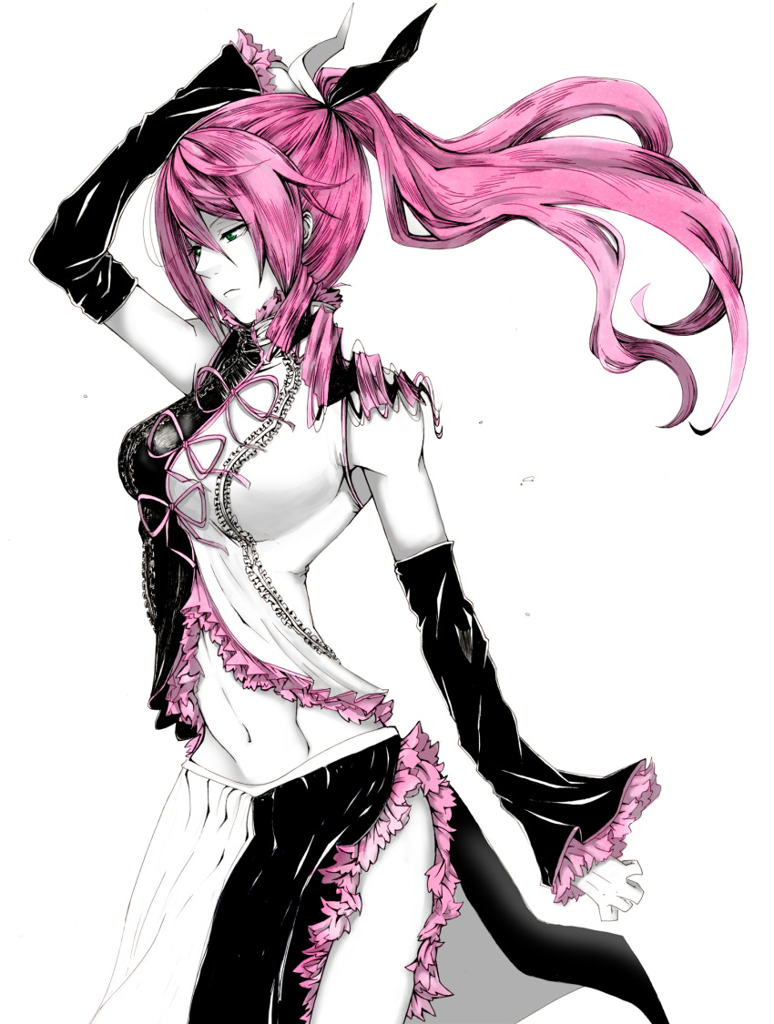elbow_gloves, gloves, green_eyes, hair_ribbon, highres, kaname, long_hair, megurine_luka
