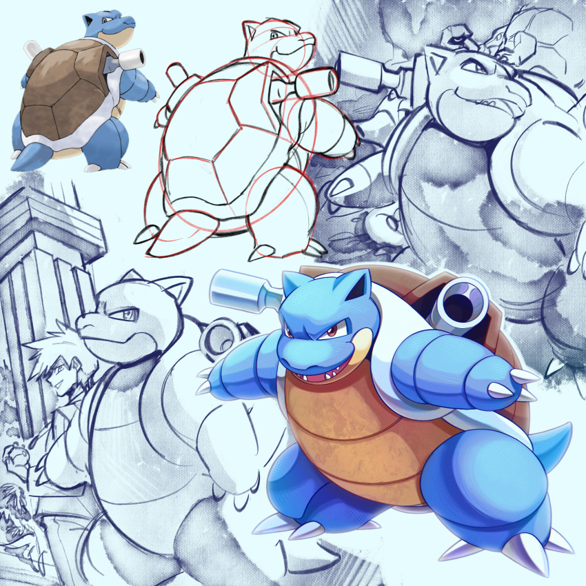 1boy, blastoise, blue_oak, cannon, claws, commentary_request, golem, highres, indigo_plateau, nosepass, open_mouth, pillar, poke_ball, pokemon, pokemon_(creature), pokemon_rgby, puos_(user_dcvp2324), shoulder_cannon, sketch, spiky_hair, standing, tail, turtle, turtle_shell