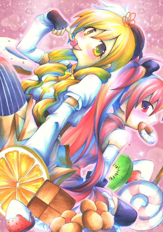 2girls, back-to-back, bare_shoulders, beret, blonde_hair, breasts, candy, cherry