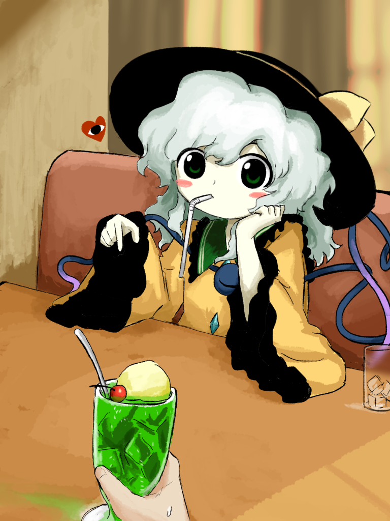 1boy, 1girl, black_hat, commentary_request, contrast_collar, drinking_straw, green_eyes, green_hair