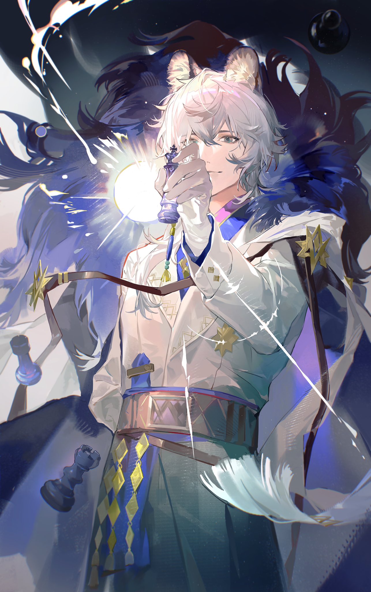 1boy, animal_ear_fluff, animal_ears, arknights, artist_request, black_coat, buttons, chess_piece