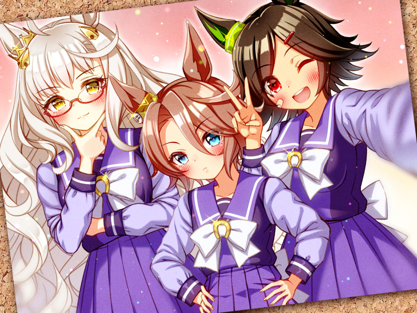 3girls, ahoge, animal_ears, bandaid, bandaid_on_cheek, bandaid_on_face, biwa_hayahide_(umamusume), black_hair