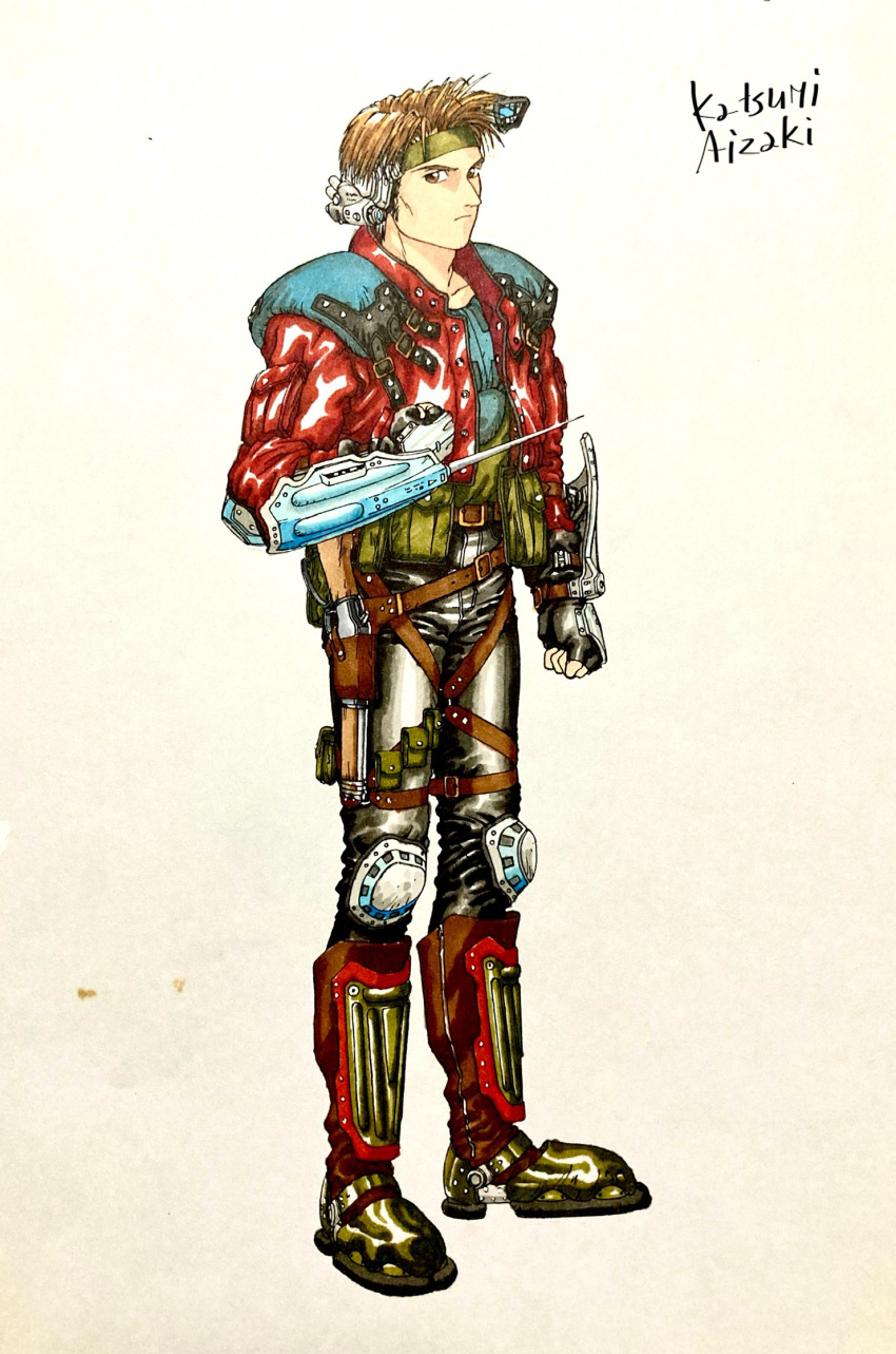 1990s_(style), aizaki_katsumi, artist_name, brown_eyes, brown_hair, closed_mouth, colorized, commentary_request, fingerless_gloves, frown, full_body, giten_megami_tensei:_tokyo_mokushiroku, gloves, hayasaka_tatsuya, headband, highres, looking_at_viewer, marker_(medium), megami_tensei, official_art, retro_artstyle, shin_megami_tensei, simple_background, solo, traditional_media, white_background