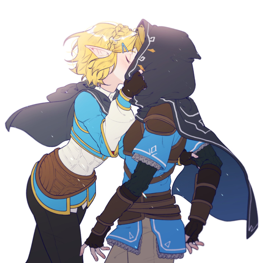 1boy, 1girl, black_gloves, blonde_hair, braid, cape, champion's_tunic_(zelda), commentary