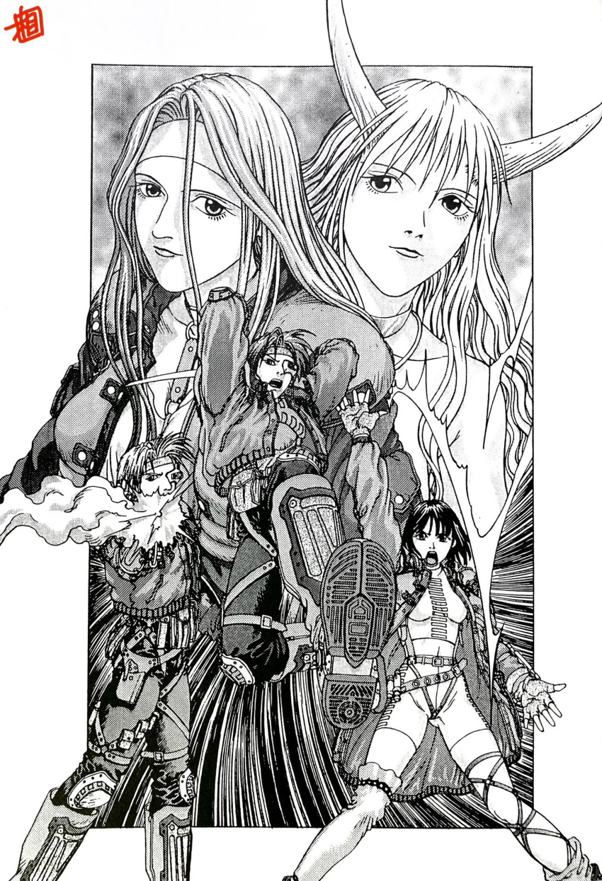 2boys, 3girls, aizaki_katsumi, belt_pouch, breasts, demon_(megami_tensei), fingerless_gloves, firing