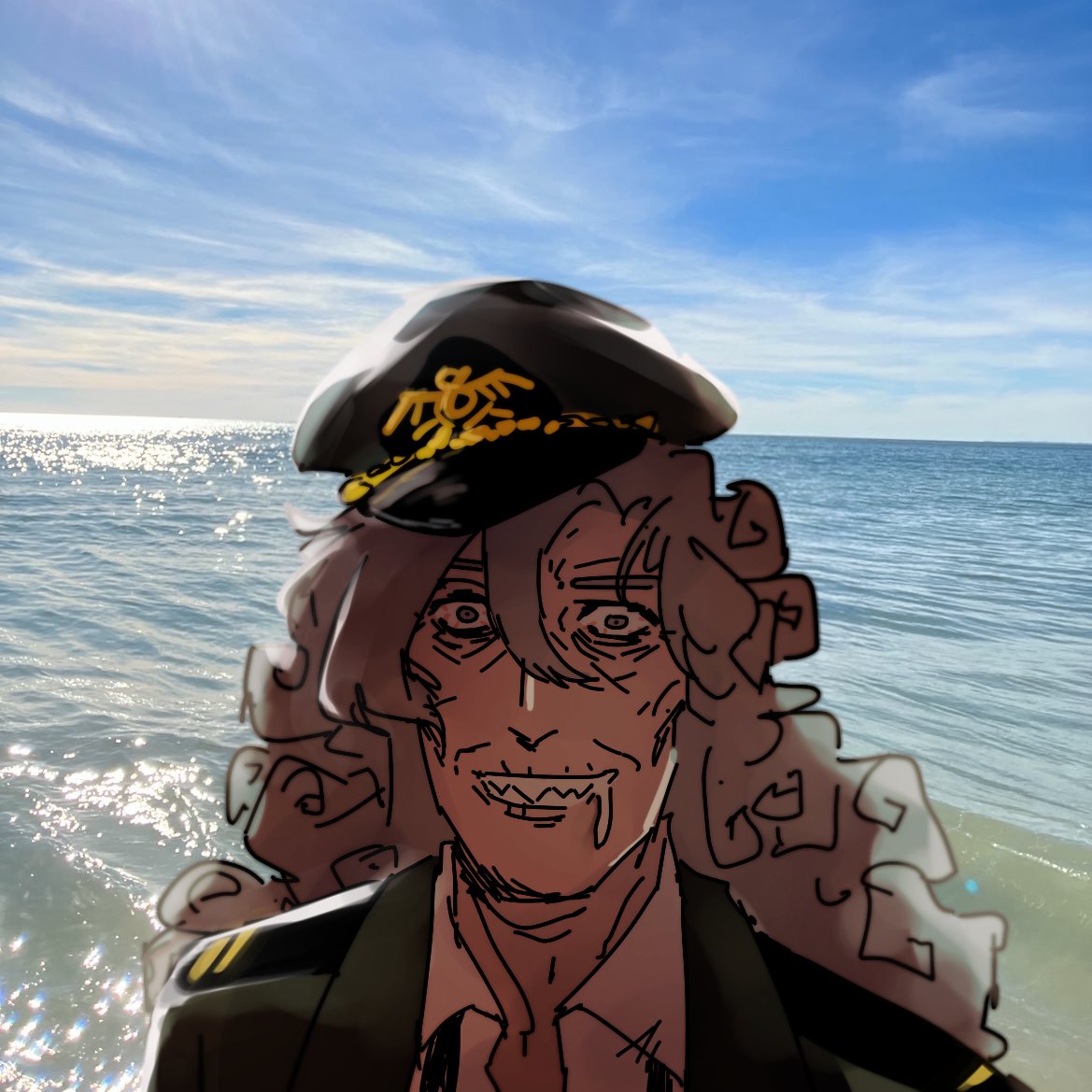 1girl, ahab_(project_moon), bags_under_eyes, black_hat, braided_dreadlocks, coat, collared_shirt, commentary, constricted_pupils, crazy_eyes, crazy_smile, day, drooling, english_commentary, green_coat, grey_hair, hair_between_eyes, hat, lapels, limbus_company, long_hair, notched_lapels, ocean, old, old_woman, open_clothes, open_coat, photo_background, project_moon, sailor_hat, sharp_teeth, shirt, sky, smile, solo, teeth, unower_s, white_shirt, wrinkled_skin