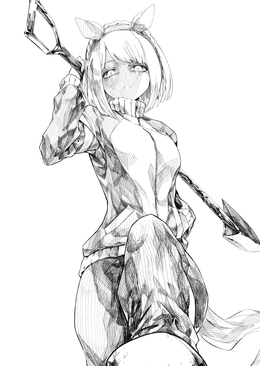 1girl, absurdres, animal_ears, arm_up, breasts, breath, carrying_over_shoulder, commission, ear_covers, from_below, greyscale, hairband, hand_in_pocket, hasukurira, highres, holding, holding_shovel, horse_ears, horse_girl, horse_tail, jacket, long_sleeves, looking_at_viewer, looking_down, monochrome, open_mouth, pants, pixiv_commission, pov_stomped, short_hair, shovel, small_breasts, solo, standing, standing_on_one_leg, stepping_on_frame, tail, tracen_training_uniform, track_jacket, track_suit, umamusume, yukino_bijin_(umamusume)