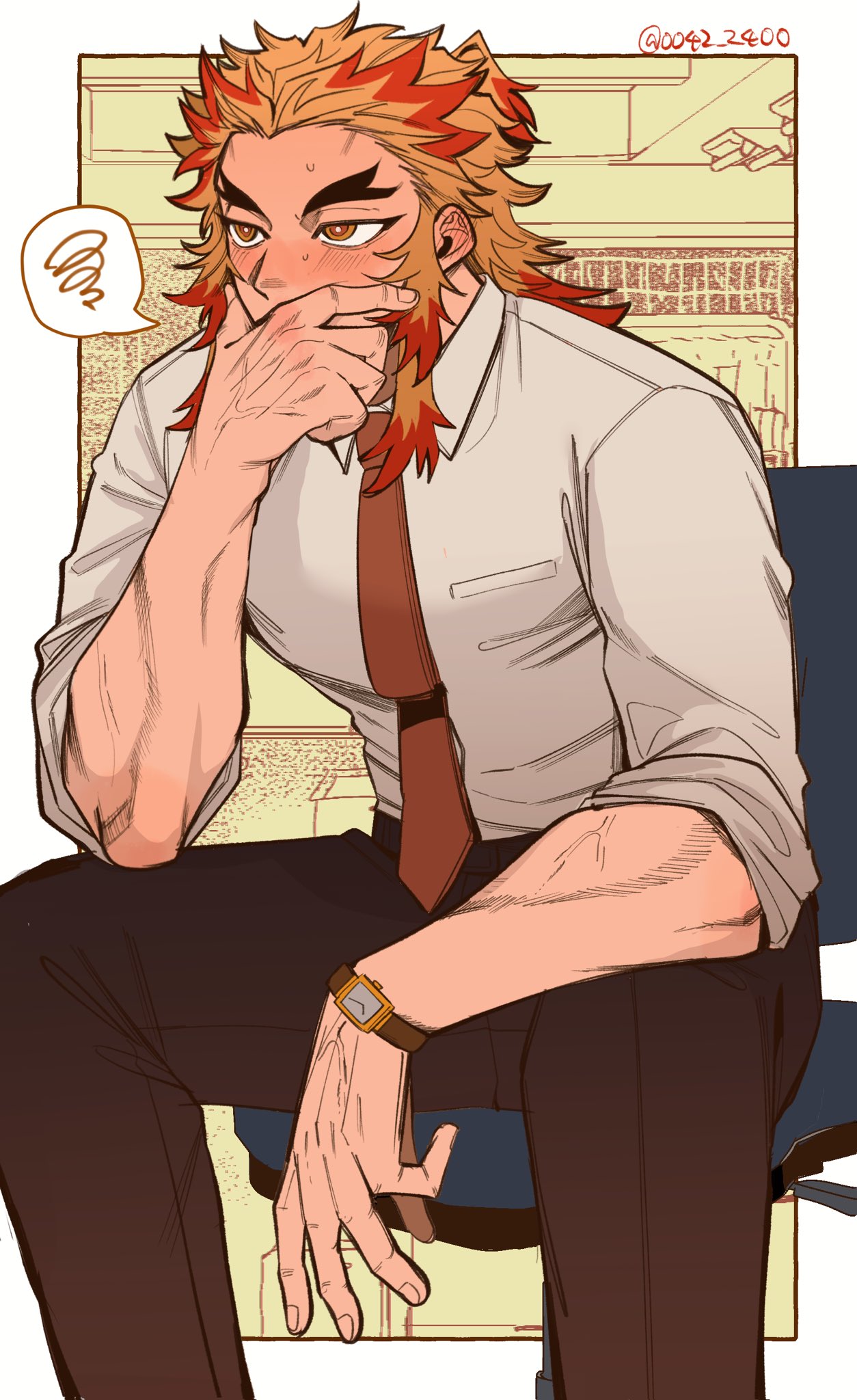 1boy, alternate_costume, black_pants, blonde_hair, blush, border, brown_necktie, chair