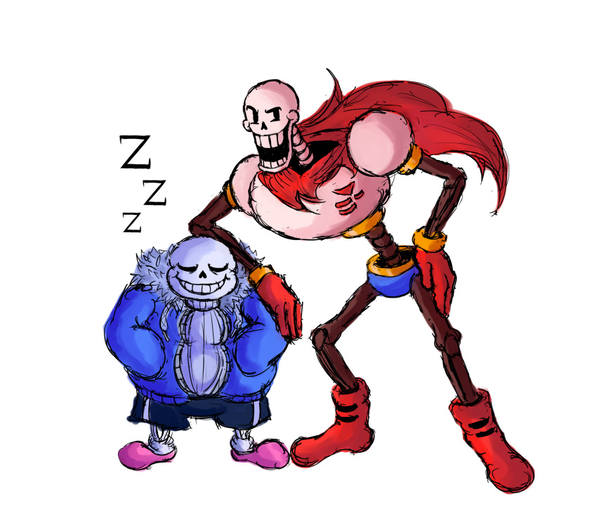 2025, 2boys, 2d, absurdres, arm_on_another's_head, armor, black_shorts, blue_jacket, blue_shorts, boots, brothers, cape, closed_eyes, commentary, digital_media, duo, english_commentary, full_body, gloves, grey_hood, grin, height_difference, highres, hollow_eyes, hood, hood_down, hooded_jacket, humanoid, jacket, leaning_to_the_side, long_sleeves, male, male_focus, male_only, mavio-official, monster, monster_boy, multiple_boys, open_clothes, open_jacket, papyrus_(undertale), pink_slippers, red_boots, red_cape, red_gloves, sans_(undertale), shirt, shorts, siblings, simple_background, single_vertical_stripe, skeleton, sleeping, slippers, smile, socks, standing, striped_shorts, teeth, undead, undertale, utdr_(toby_fox), vertical-striped_clothes, vertical-striped_shorts, white_armor, white_background, white_shirt, white_socks, white_stripes, zzz