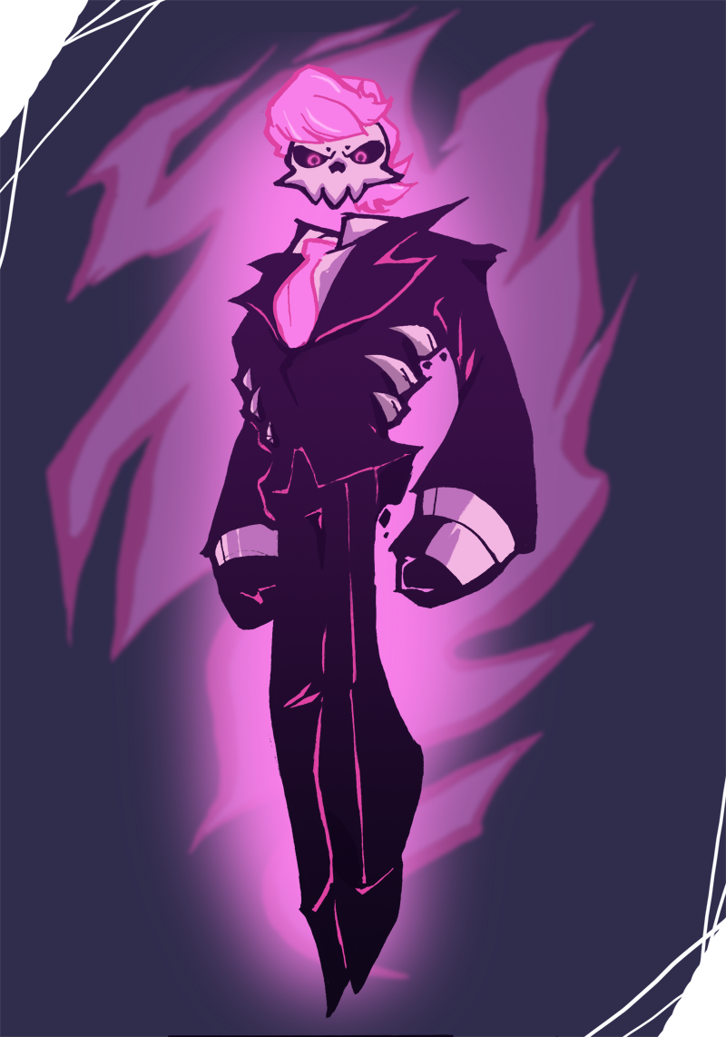 1boy, 2014, 2d, batarchaic, black_gloves, black_pants, black_suit, commentary, digital_media, english_commentary, floating, full_body, gloves, glowing, glowing_eyes, lewis_pepper, long_sleeves, looking_at_viewer, male, male_focus, male_only, mystery_skulls, necktie, pants, pink_eyes, pink_hair, pink_necktie, purple_background, short_hair, simple_background, skeleton, solo, suit, transparent_background