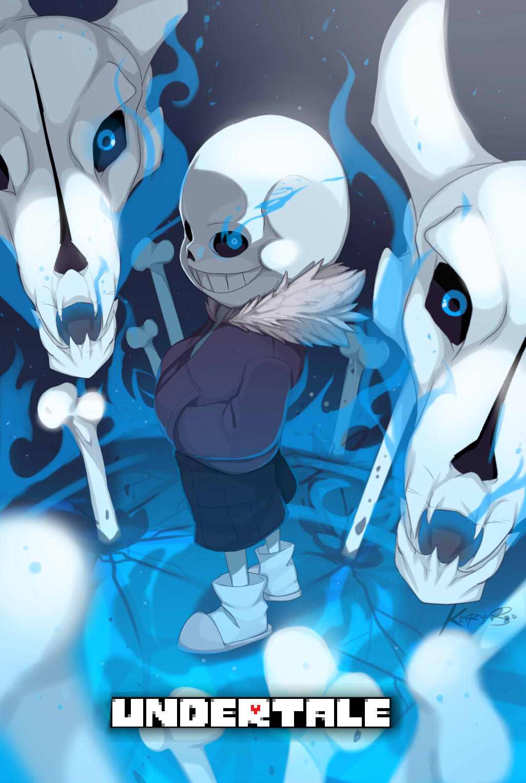 1boy, 2016, 2d, artist_name, black_shorts, blue_eyes, blue_jacket, bone