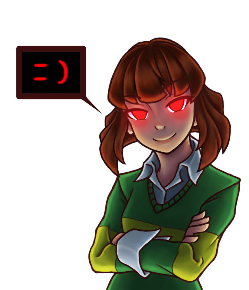 1girl, 2022, 2d, brown_hair, chara_(undertale), collared_shirt, commentary, crossed_arms