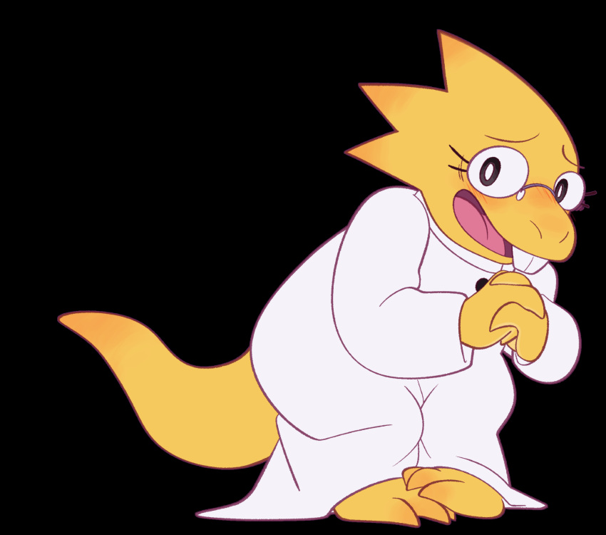 1girl, 2025, 2d, alphys, anthro, barefoot, bia_busana, buck_teeth, coat, colored_skin, commentary, digital_media, dinosaur, dinosaur_girl, english_commentary, eyelashes, female, female_only, full_body, glasses, highres, lab_coat, lizard, lizard_girl, lizard_tail, long_sleeves, looking_at_viewer, monster, monster_girl, open_mouth, own_hands_clasped, own_hands_together, reptile, reptile_girl, reptile_tail, scalie, simple_background, solo, standing, tail, teeth, tongue, undertale, utdr_(toby_fox), variant_set, white_background, white_coat, yellow_skin