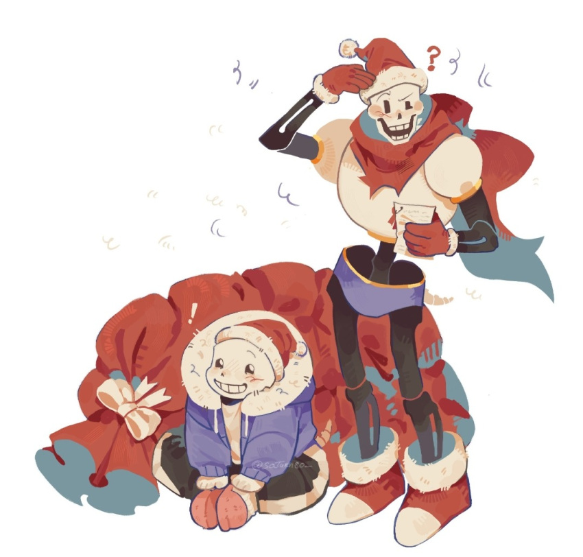 !, 2025, 2boys, 2d, ?, armor, artist_name, black_shorts, blue_hood, blue_jacket, bow, brothers, christmas, commentary, digital_media, drawstring, duo, english_commentary, fur-trimmed_boots, fur-trimmed_gloves, fur-trimmed_hat, fur-trimmed_jacket, fur_trim, gloves, grin, hat, height_difference, highres, holding, holding_paper, hood, hood_down, hooded_jacket, humanoid, jacket, long_sleeves, male, male_focus, male_only, monster, monster_boy, multiple_boys, open_clothes, open_jacket, paper, papyrus_(undertale), red_gloves, red_hat, red_scarf, sack, sans_(undertale), santa_hat, saturn80, scarf, shirt, shorts, siblings, side-by-side, simple_background, single_vertical_stripe, sitting, skeleton, smile, standing, striped_shorts, tail, teeth, undead, undertale, utdr_(toby_fox), vertical-striped_clothes, vertical-striped_shorts, white_armor, white_background, white_bow, white_fur, white_gloves, white_shirt, white_stripes