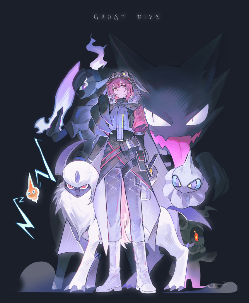 1girl, absol, absurdres, arknights, arm_at_side, black_background, black_coat, black_pants