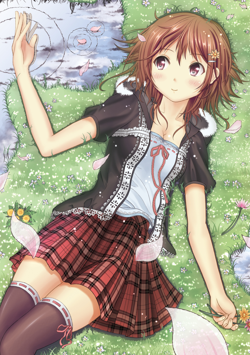 breasts, brown_hair, casual, cleavage, flower, fuyu_urara, hair_flower, hair_ornament