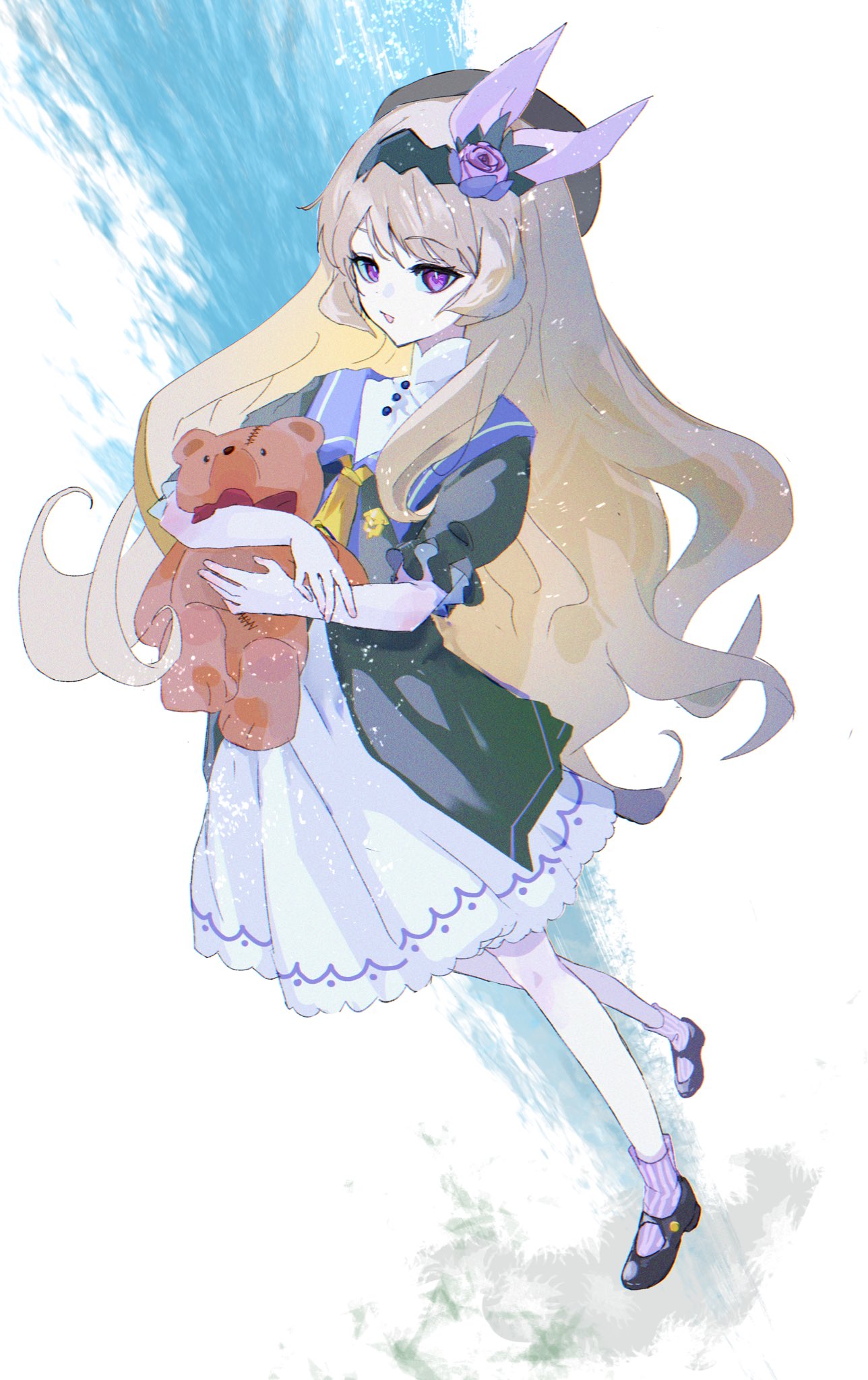 1girl, :d, black_hairband, black_hat, black_shoes, blonde_hair, commentary, dragalia_lost, dress, e_elle_e, flower, full_body, hair_flower, hair_ornament, hairband, hat, highres, holding, holding_stuffed_toy, lathna, long_hair, looking_at_viewer, open_mouth, puffy_short_sleeves, puffy_sleeves, shoes, short_sleeves, smile, socks, solo, stuffed_animal, stuffed_toy, symbol-only_commentary, teddy_bear, very_long_hair, violet_eyes