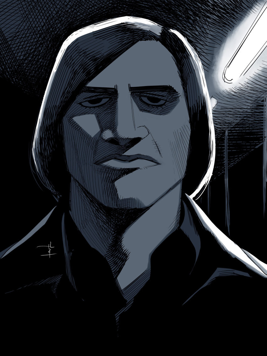 1boy, absurdres, anton_chigurh, closed_mouth, collared_shirt, greyscale, highres, looking_at_viewer